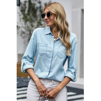 Sky Blue Roll up Long Sleeves Frayed Hem Denim Shirt