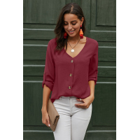 Red Button Detail Roll Up Sleeve Blouse