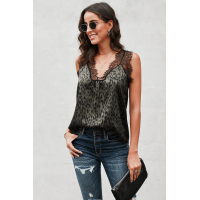 Hazel-green Leopard Print Contrast Lace Tank