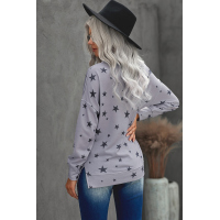 Gray Round Neck Star Print Long Sleeve Top