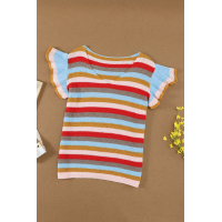 Multi-color Striped Ruffle Short Sleeve Knit Top