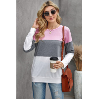 Multicolor Round Neck Long Sleeve Color Block Top