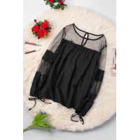 Black Fashion Lantern-Sleeve Lace Patchwork Top