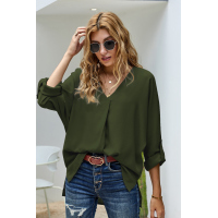 Army Green V Neck 3/4 Sleeve High Low Hem Shirt