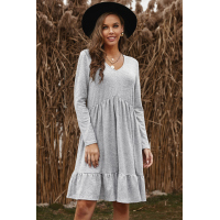 Gray Brushed Fleece Long Sleeve Ruffle Mini Dress