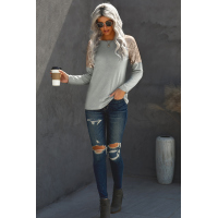 Gray Sequin Shoulder Long Sleeve Top