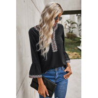 Black Boho Floral V Neck Long Sleeve Casual Top