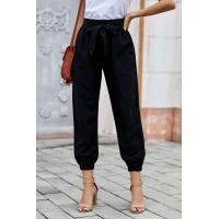 Black Solid Color Frock-style Pants with Belt