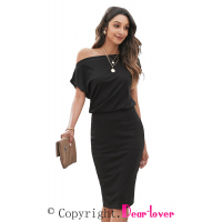 Black Boat Neck Knit Midi Dress 