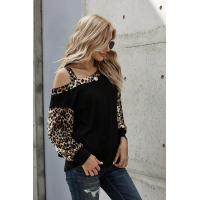 Dew Shoulder Leopard Stitching Long-sleeved Blouse