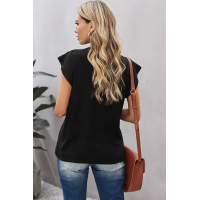 Black V Neck Buttoned Lace Trim Short Sleeve Tee