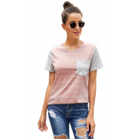 Pink Striped Short Sleeve Contrast Color T-Shirt with Pocket