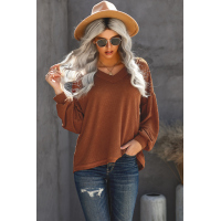 Brown Billowed Sleeve Thermal Knit Top