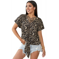 Leopard Hollow-out Neck Tee with Knot Hem