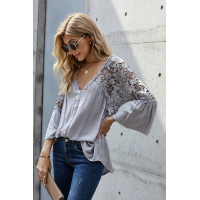 Gray Crochet Lace Button Top