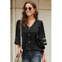 Black Flare Sleeve V Neck Button Up Blouse