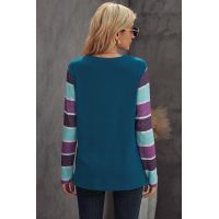 Blue Sequin Splicing Colorful Stripes Long Sleeve Top