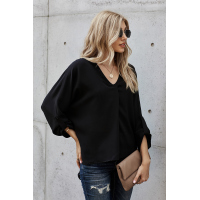 Black V Neck 3/4 Sleeve High Low Hem Shirt