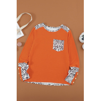 Orange Leopard Splicing Long Sleeve Top with Button Details