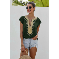 Green Short Sleeve Printed Neck Shift Blouse