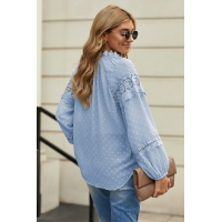 Sky Blue V Neck Lantern Sleeve Lace Hollow Out Top