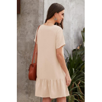 Beige Pocketed Button Ruffle Dress