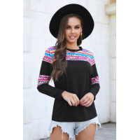 Black Crew Neck Ethnic Stripe Leopard Splicing Top