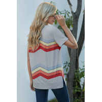 Gray Colorful Wavy Stripes Print Short Sleeve Tee