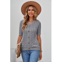 Gray Cable Knit Short Sleeve Top with Buttons