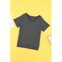 Gray V Neck Short Sleeves Cotton Blend Tee with Front Pocket and Side Slits