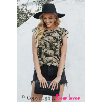 Green Camouflage Print Ruffled Cap Sleeve T-shirt