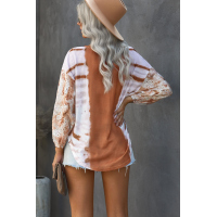 Orange Letter Print Cut-out Tie Dye Lantern Long Sleeve Top