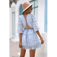 Sky Blue Lace-up Back Ruffled Floral Print Dress