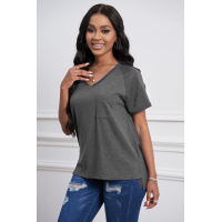 Gray V Neck Short Sleeves Cotton Blend Tee with Front Pocket and Side Slits