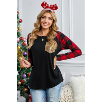 Sequined Pocket Plaid Raglan Black Top