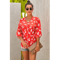 Red Floral Button Up Top