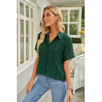 Green Buttoned Swiss Dot Turn-down Collar Short Sleeve Shirt