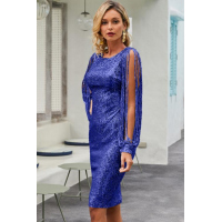 Blue Sequin Tassel Sleeve Bodycon Prom Dress