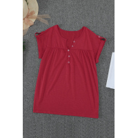 Red Buttoned Detail Cotton Blend Short Sleeve T-shirt