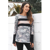 Sequin Highlight Camo Print Long Sleeve Top