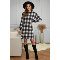 Black Gingham Balloon Sleeve Sweater Dress