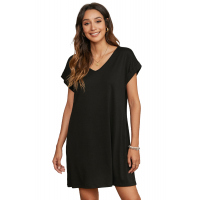 Black V Neck Cuffed T-shirt Dress