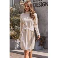 Apricot Long Sleeve Tie Waist Turtleneck Pullover Sweater Dress