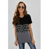 Black Leopard Print Color Block Short Sleeve T-Shirt