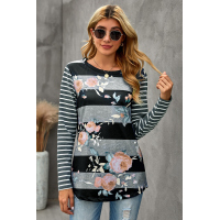 Gray Floral Striped Print Long Sleeves Top