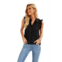 Black Turn-down Collar Ruffle Polka Dot Tank