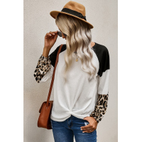 Leopard Long Sleeve Waffle Knit Black Blouse with Twist Knot