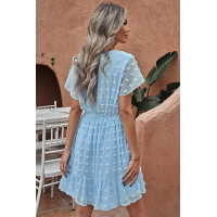 Sky Blue Polka Dot V Neck Ruffled Short Sleeves Mini Dress