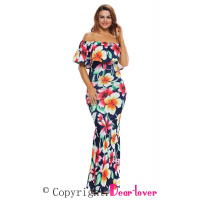 Navy Blue Roses Print Off-the-shoulder Maxi Dress