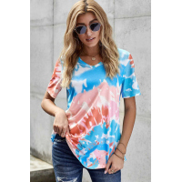 Blue Gradient Tie Dye V Neck T-shirt